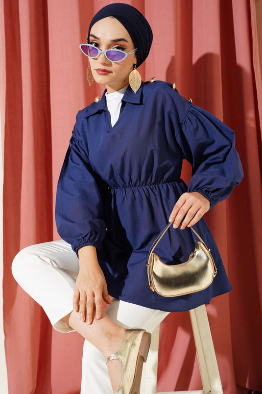 Omuz Gold Düğme Detaylı Tunik Lacivert