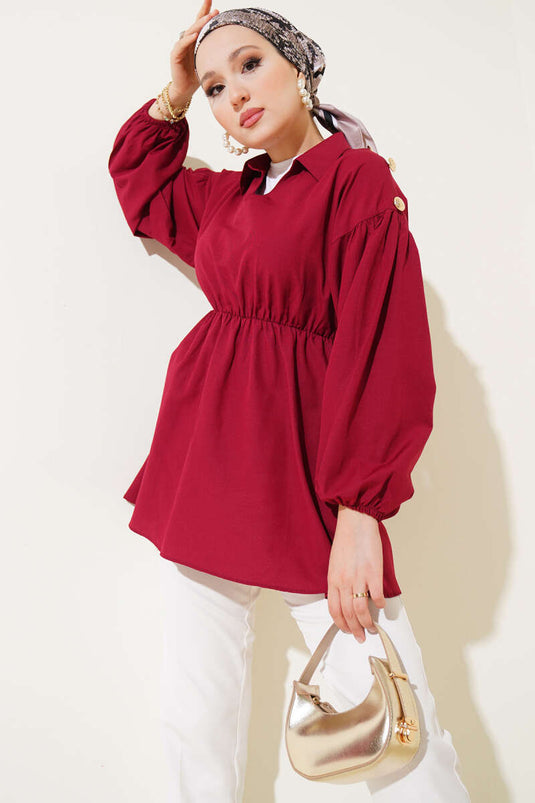 Shoulder Gold Button Detailed Tunic Claret Red