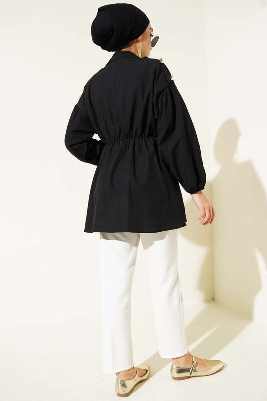 Black Tunic with Gold Button Detail on Shoulder