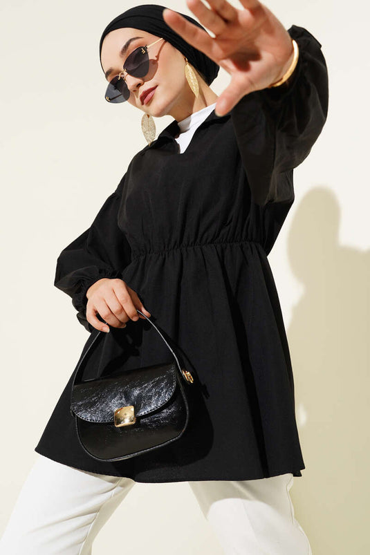 Black Tunic with Gold Button Detail on Shoulder