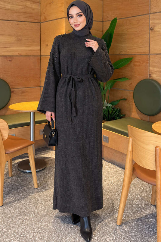 Vestido De Punto Con Detalles De Perlas En El Hombro En Gris Humo