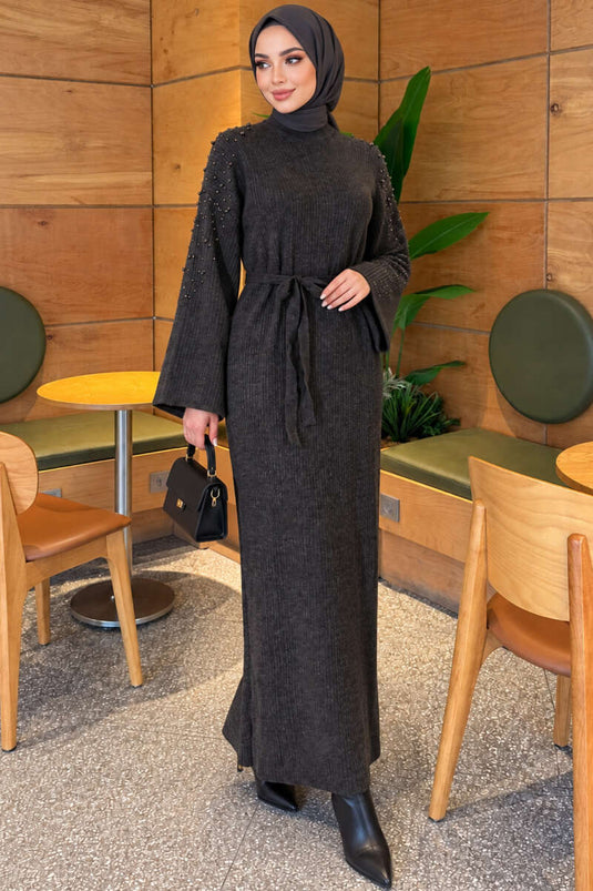 Vestido De Punto Con Detalles De Perlas En El Hombro En Gris Humo