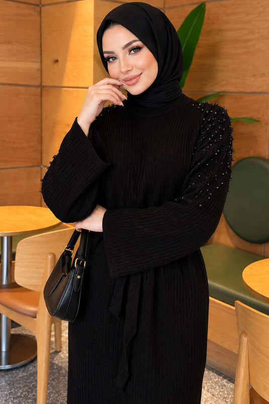 Black Shoulder Pearl Detail Knit Dress