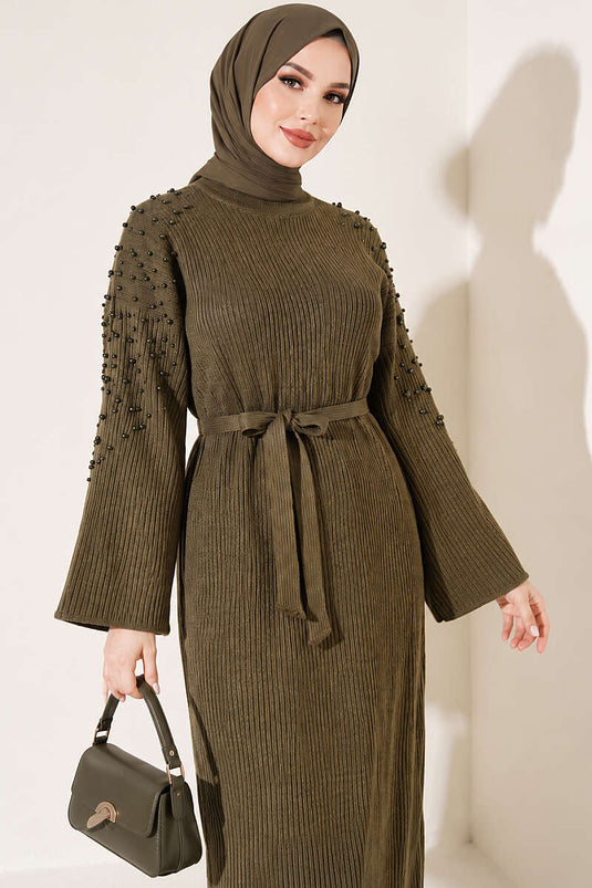 Robe En Maille À Perles Et Ceinture Kaki