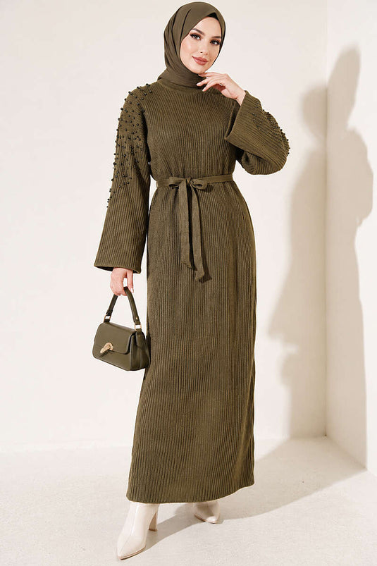Robe En Maille À Perles Et Ceinture Kaki