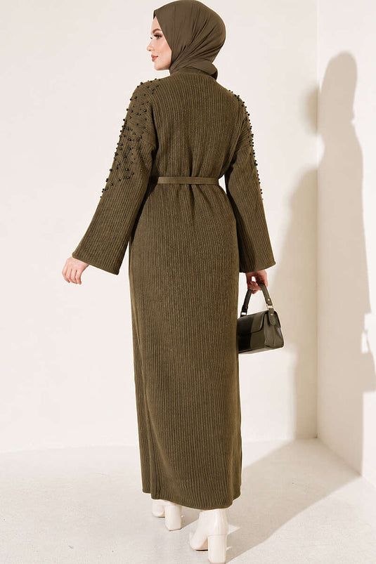 Robe En Maille À Perles Et Ceinture Kaki