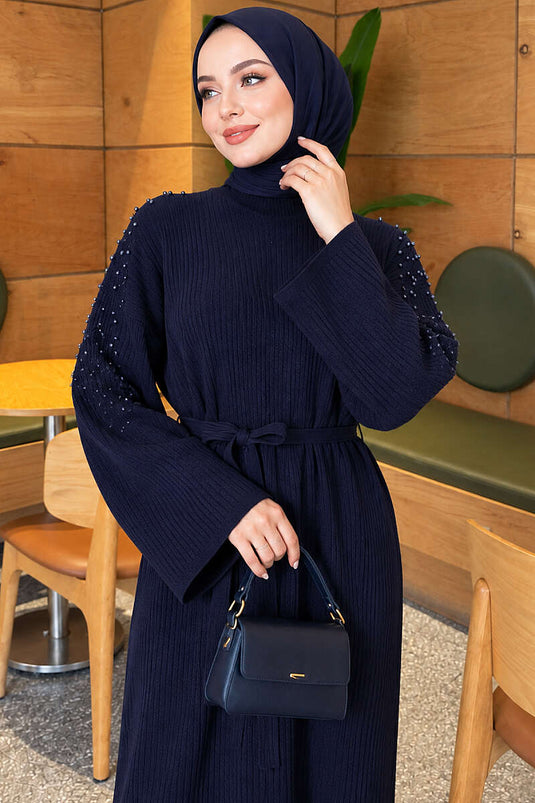 Abito In Maglia Blu Navy Con Cintura E Perle