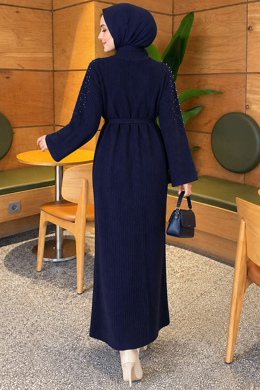 Abito In Maglia Blu Navy Con Cintura E Perle