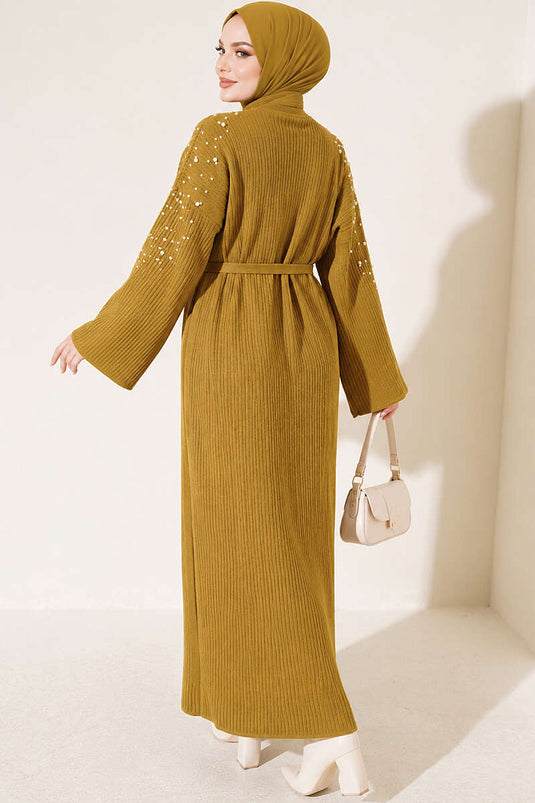 Robe En Maille Olive À Ceinture Et Perles À L'épaule