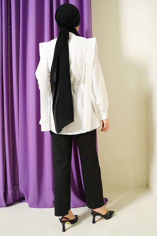 Shoulder Belted Striped Embossed Shirt Ecru