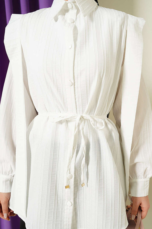 Shoulder Belted Striped Embossed Shirt Ecru