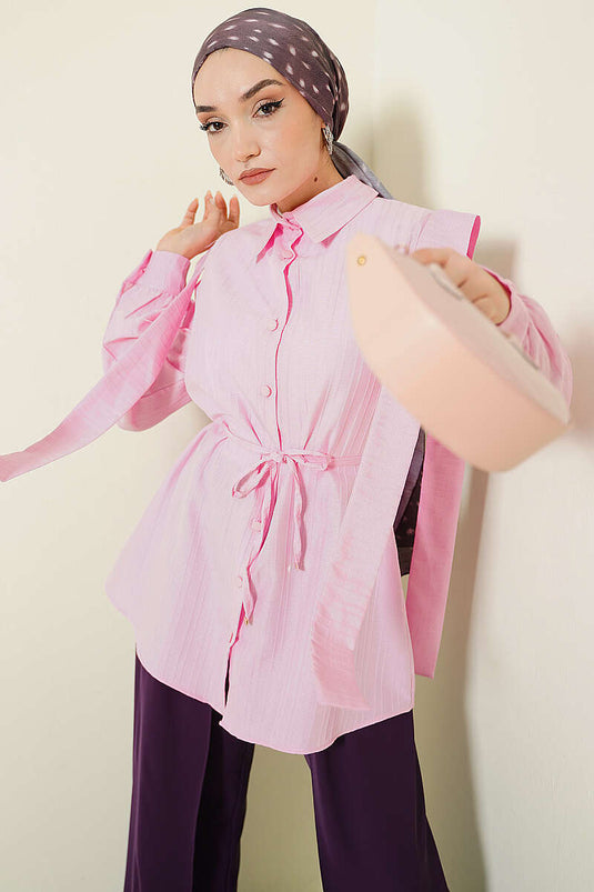 Shoulder Belted Striped Embossed Shirt Pink