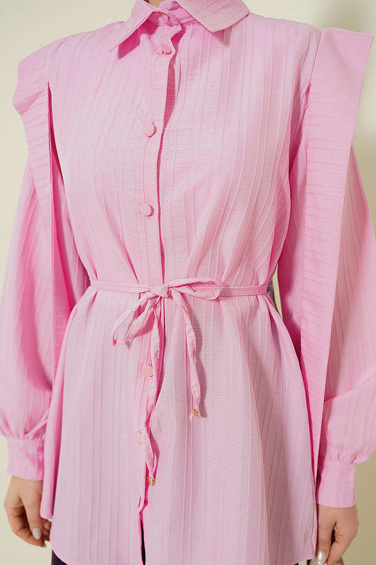 Shoulder Belted Striped Embossed Shirt Pink