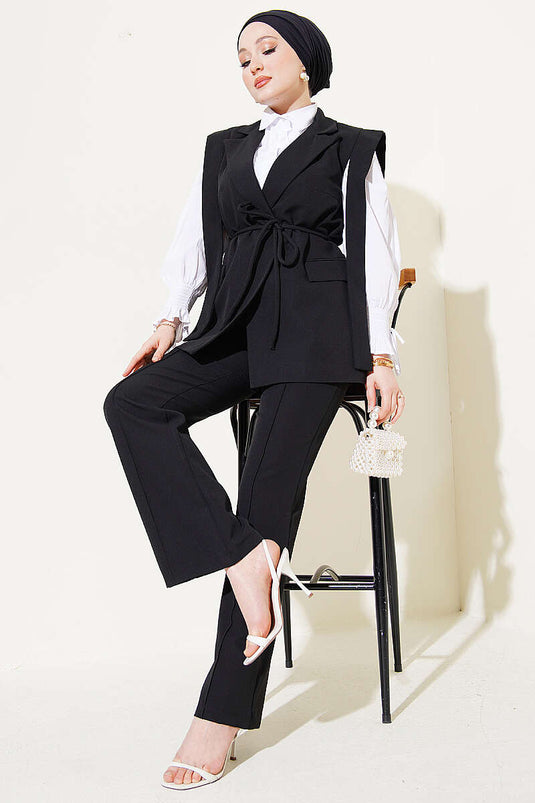 Two-Piece Set with Shoulder Belted Vest Black