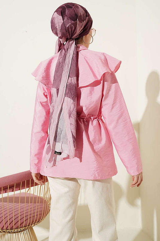 Camicia con spalle a pezzi e coulisse in vita rosa