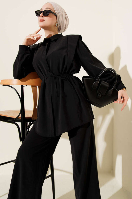 Ensemble double en Tencel noir avec épaule découpée et ceinture en corde