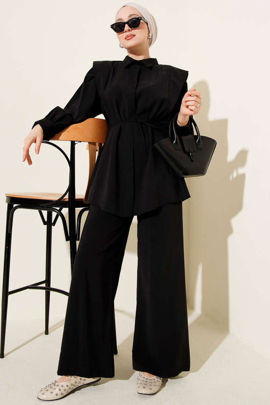 Ensemble double en Tencel noir avec épaule découpée et ceinture en corde