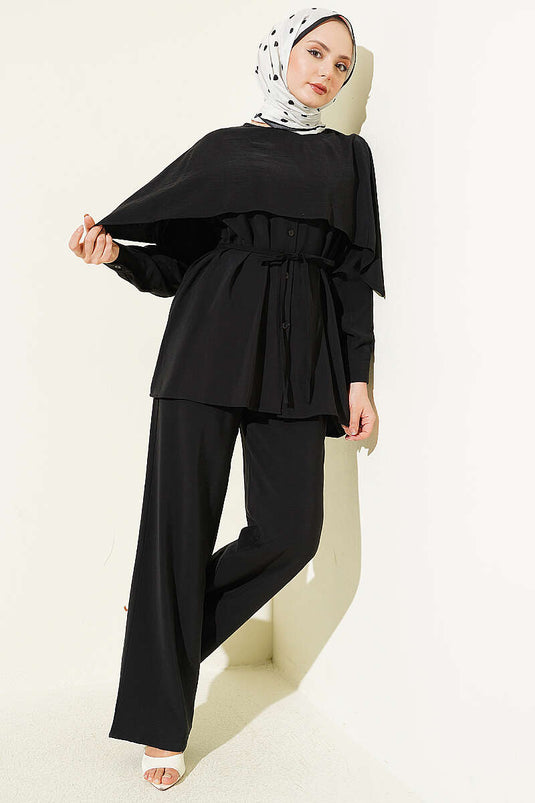 Shoulder Cape Detail with Rope Belt Modal Set Black