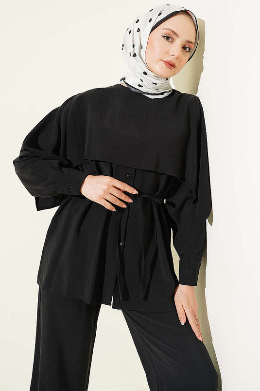 Shoulder Cape Detail with Rope Belt Modal Set Black