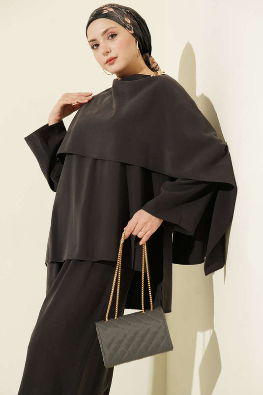 طقم مزدوج من المودال بتفاصيل كاب الكتف باللون الأسود