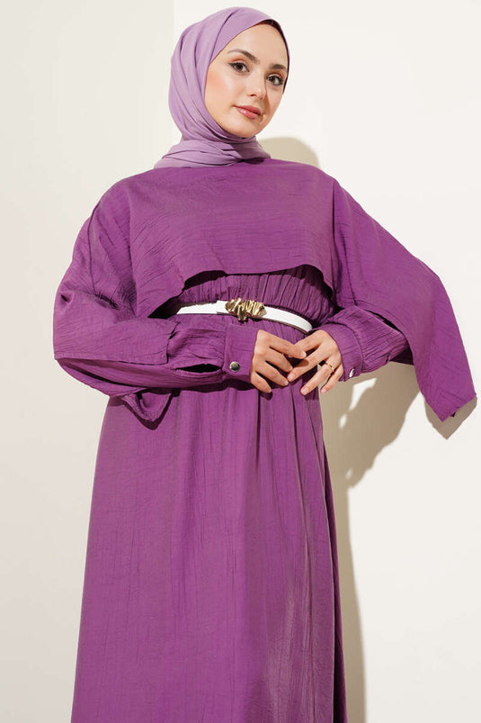 Shoulder Cape Elastic Waist Dress Magenta