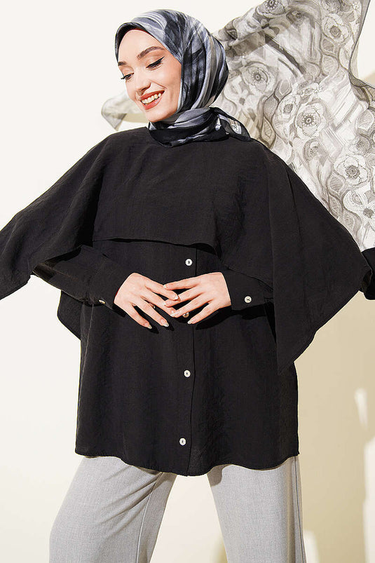 Tunique noire avec cape épaule et détails boutons