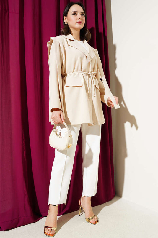 Shoulder Cape and Rope Belted Jacket Beige