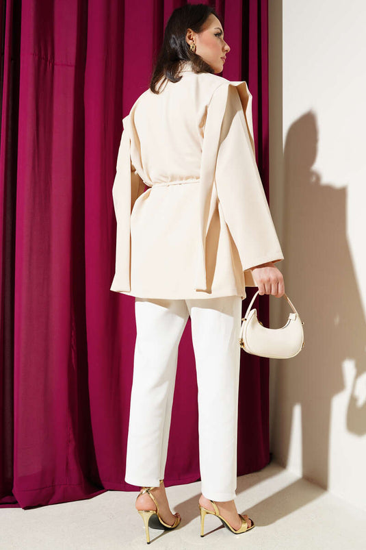 Shoulder Cape and Rope Belted Jacket Beige