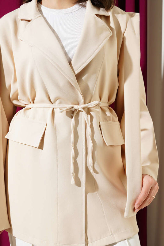 Shoulder Cape and Rope Belted Jacket Beige