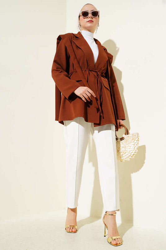 Shoulder Cape and Rope Belted Jacket Brown