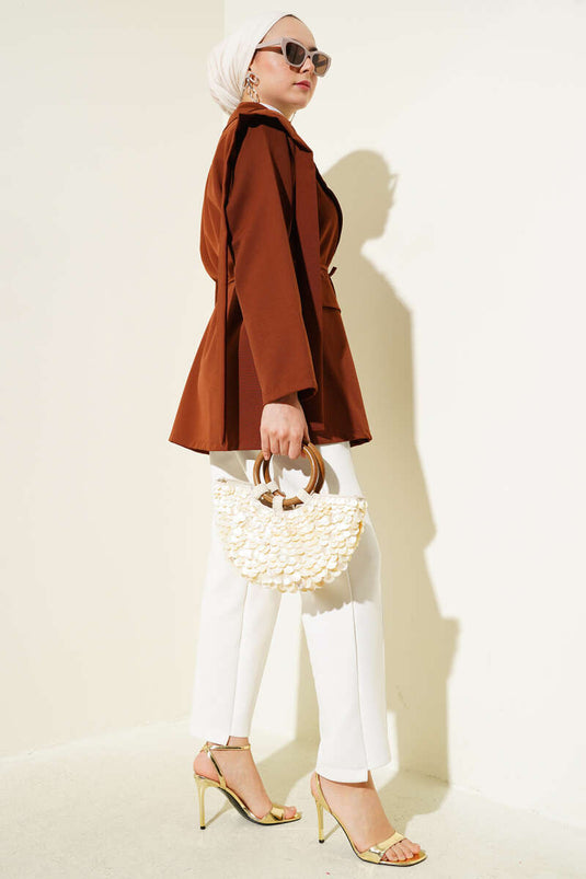 Shoulder Cape and Rope Belted Jacket Brown