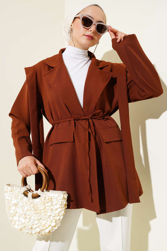 Shoulder Cape and Rope Belted Jacket Brown