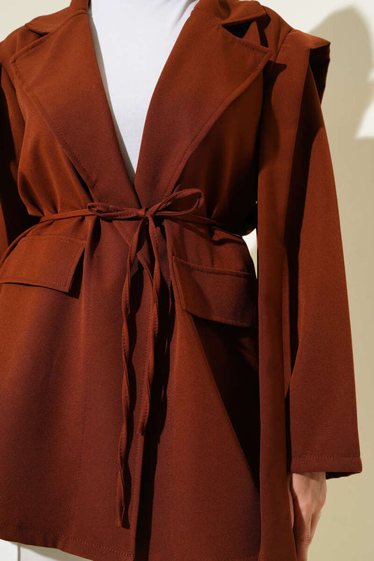 Shoulder Cape and Rope Belted Jacket Brown