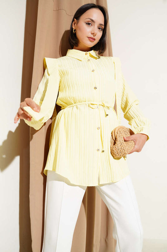 Omuz Pelerinli İp Kuşaklı Gömlek Sarı