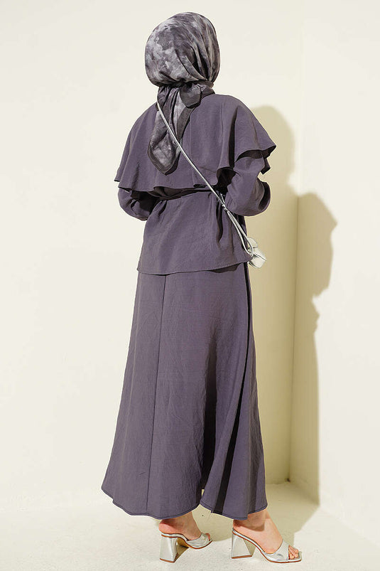 Grijs Shoulder Cape Set Met Strikriem
