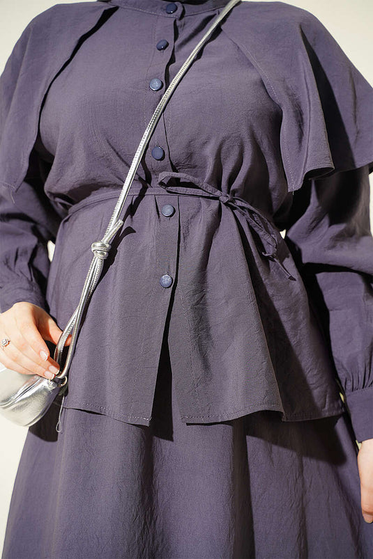 Grijs Shoulder Cape Set Met Strikriem
