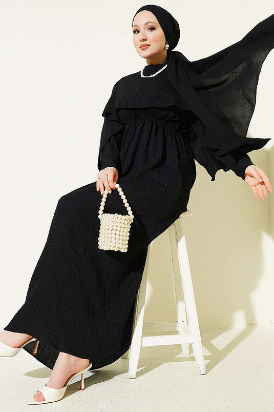Dress with Shoulder Cape and Sequin Details Black