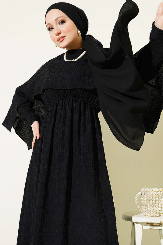 Dress with Shoulder Cape and Sequin Details Black