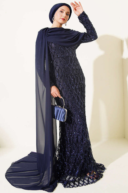 Vestido De Fiesta Con Capa En Los Hombros Y Lentejuelas Azul Marino