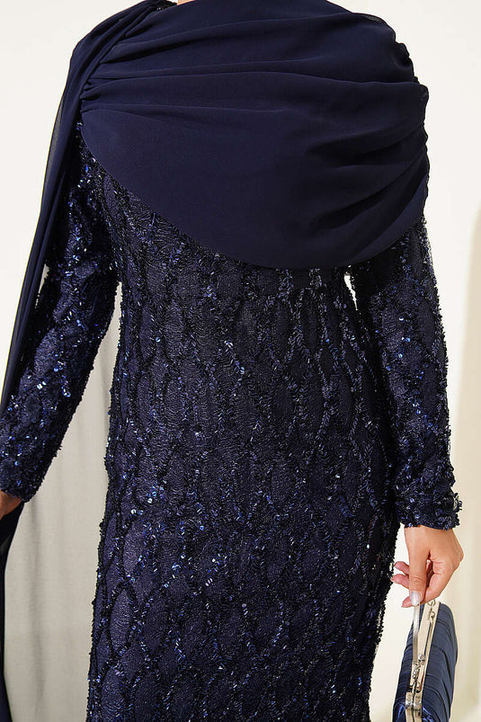Vestido De Fiesta Con Capa En Los Hombros Y Lentejuelas Azul Marino