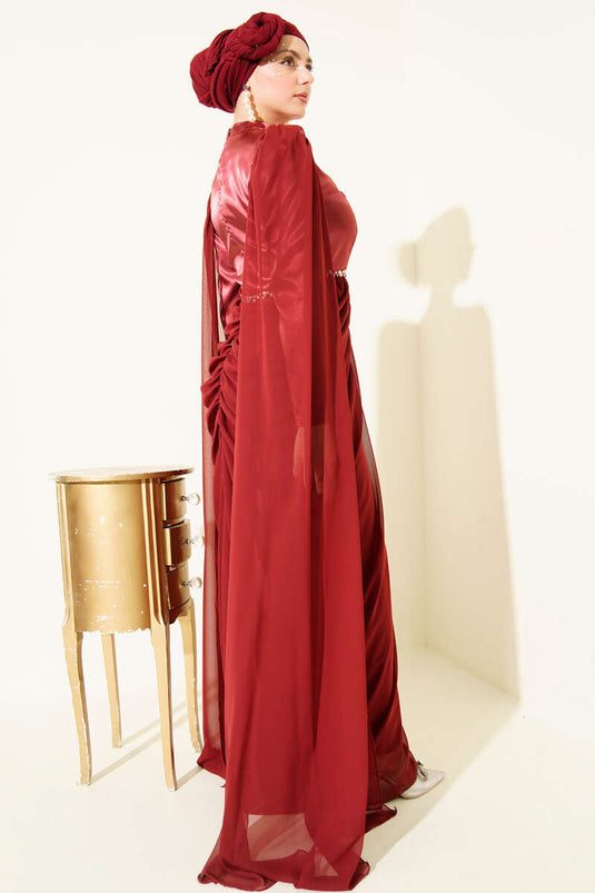 Omuz Pelerinli Taş Detaylı Abiye Elbise Bordo