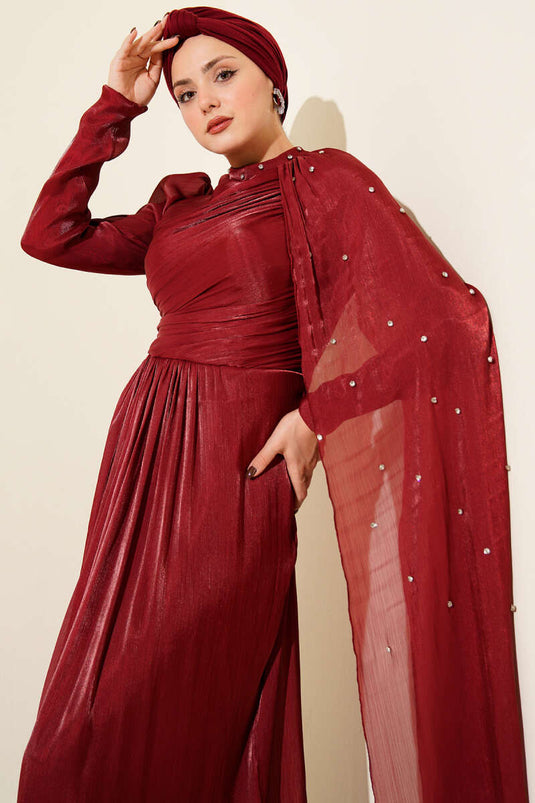 Burgundy Embellished Evening Dress with Off-Shoulder Cape