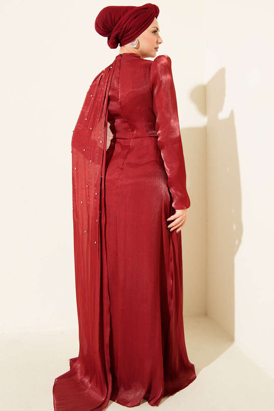 Burgundy Embellished Evening Dress with Off-Shoulder Cape