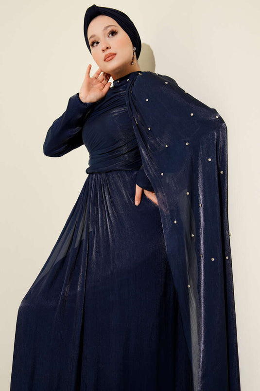 Navy Blue Evening Dress with Shoulder Cape and Rhinestones