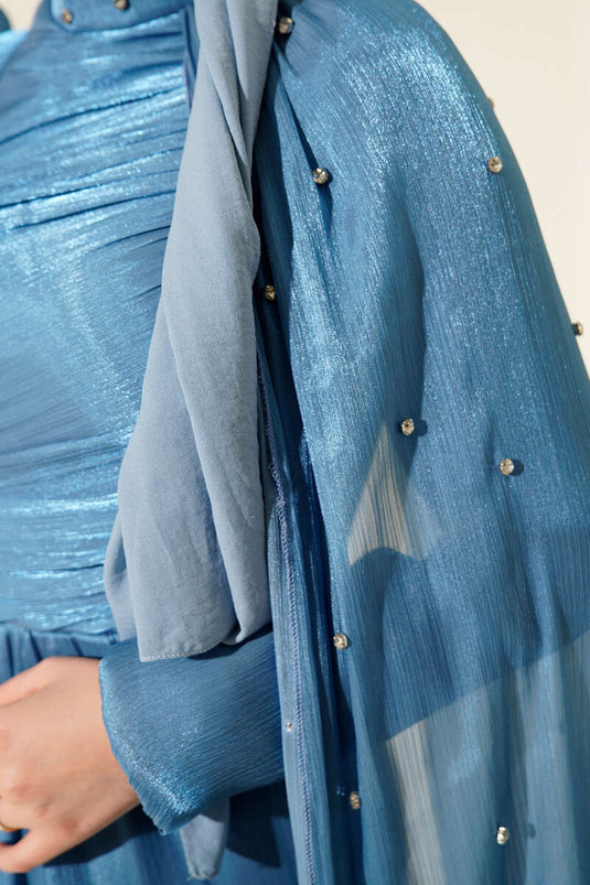 Off the Shoulder Cape Stoned Evening Dress Blue