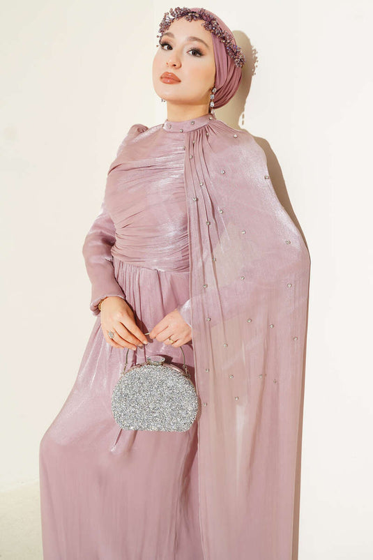 Off the Shoulder Cape Stoned Evening Dress Powder