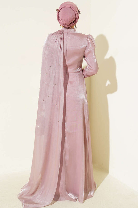 Off the Shoulder Cape Stoned Evening Dress Powder