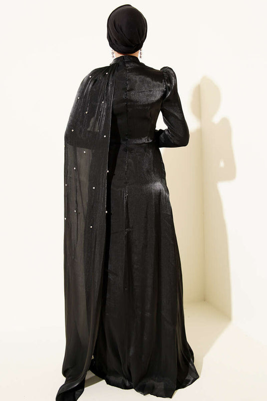 Black Evening Dress with Shoulder Cape and Rhinestones