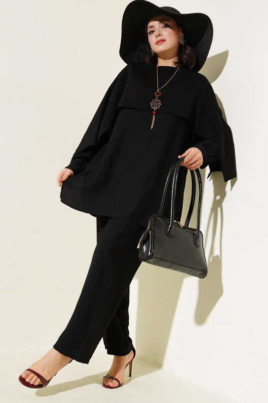 Shoulder Cloak Tunic Two-Piece Set Black