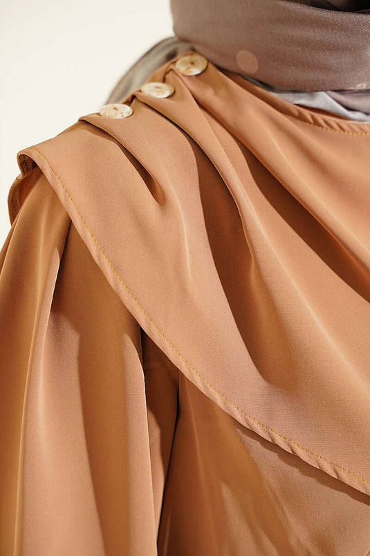Camel Schouder Ruffle Jurk